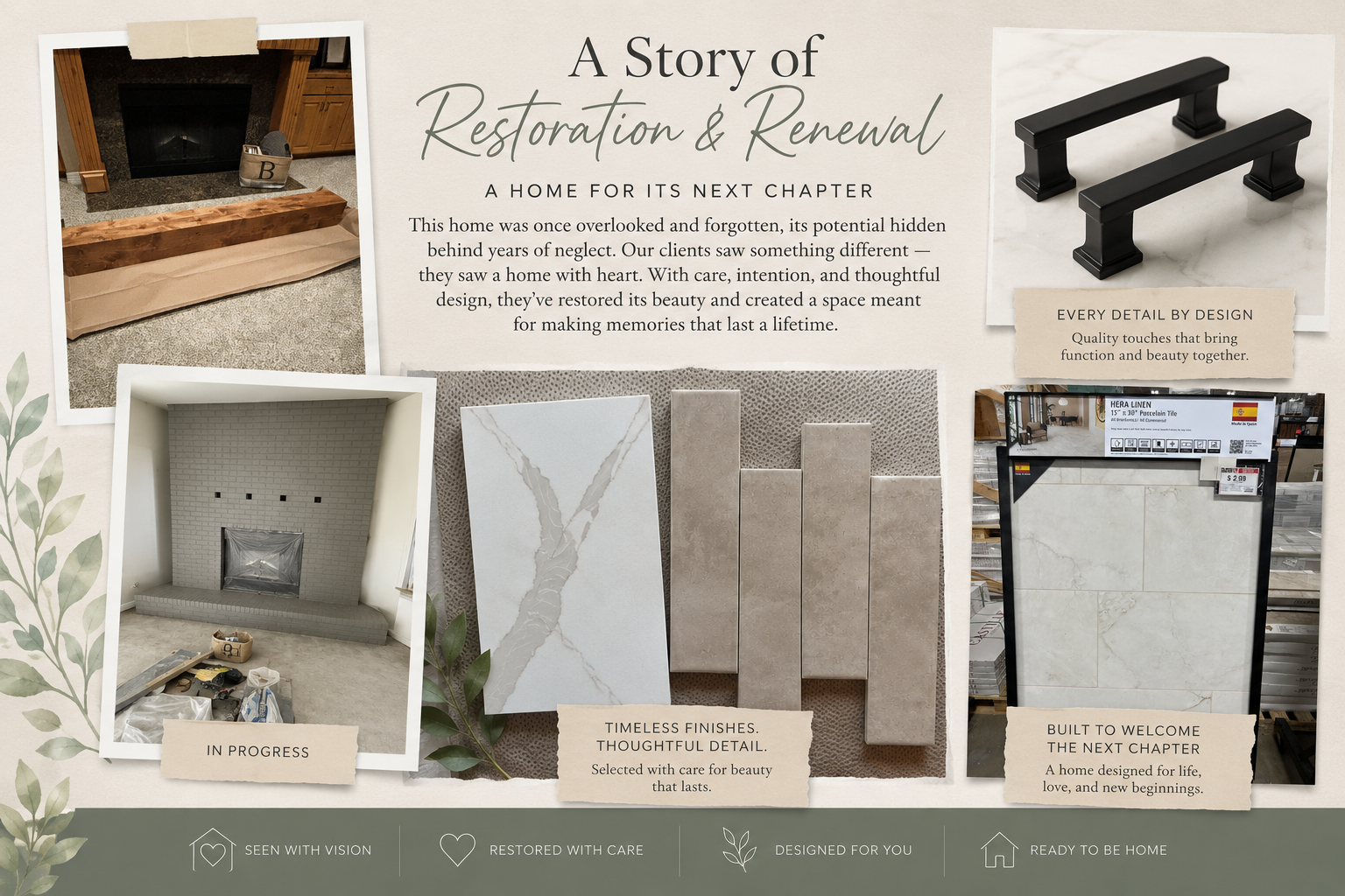 Collage telling the story of the home's restoration — fireplace before and after, designer finishes, hardware, and tile selections